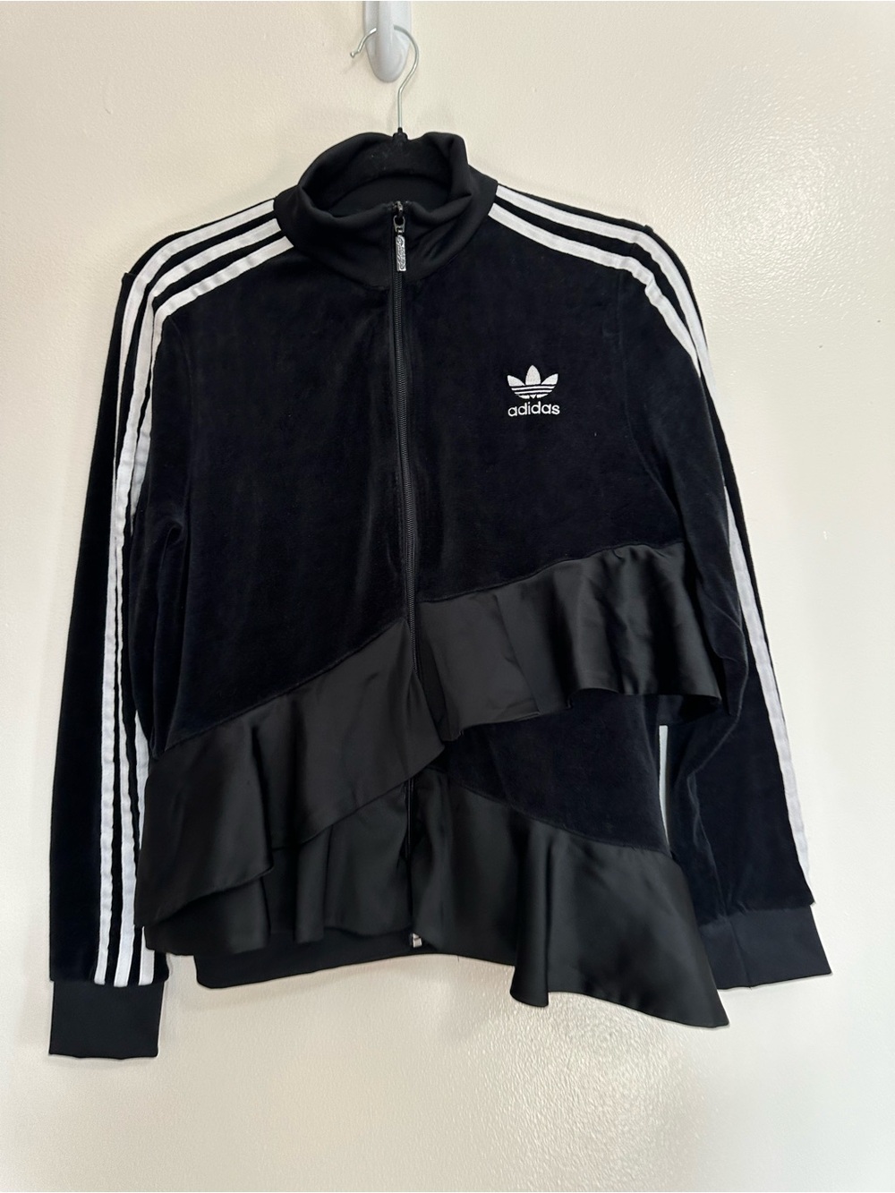 adidas Black Ruffled Track Jacket with White Stripes - Picture 2 of 10